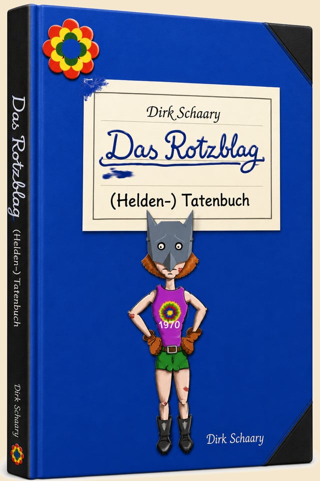 Buchansicht: Das Rotzblag – (Helden-) Tatenbuch, blauer Einband mit Prilblume