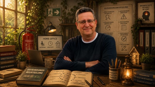 Dirk Schaary an seinem Schreibtisch, umgeben von Brandschutz-Büchern, Feuerlöscher und Gefährdungsbeurteilungs-Notizen