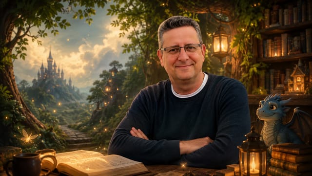 Dirk Schaary in einer fantastischen Bibliothek mit Schloss im Hintergrund und einem kleinen Drachen